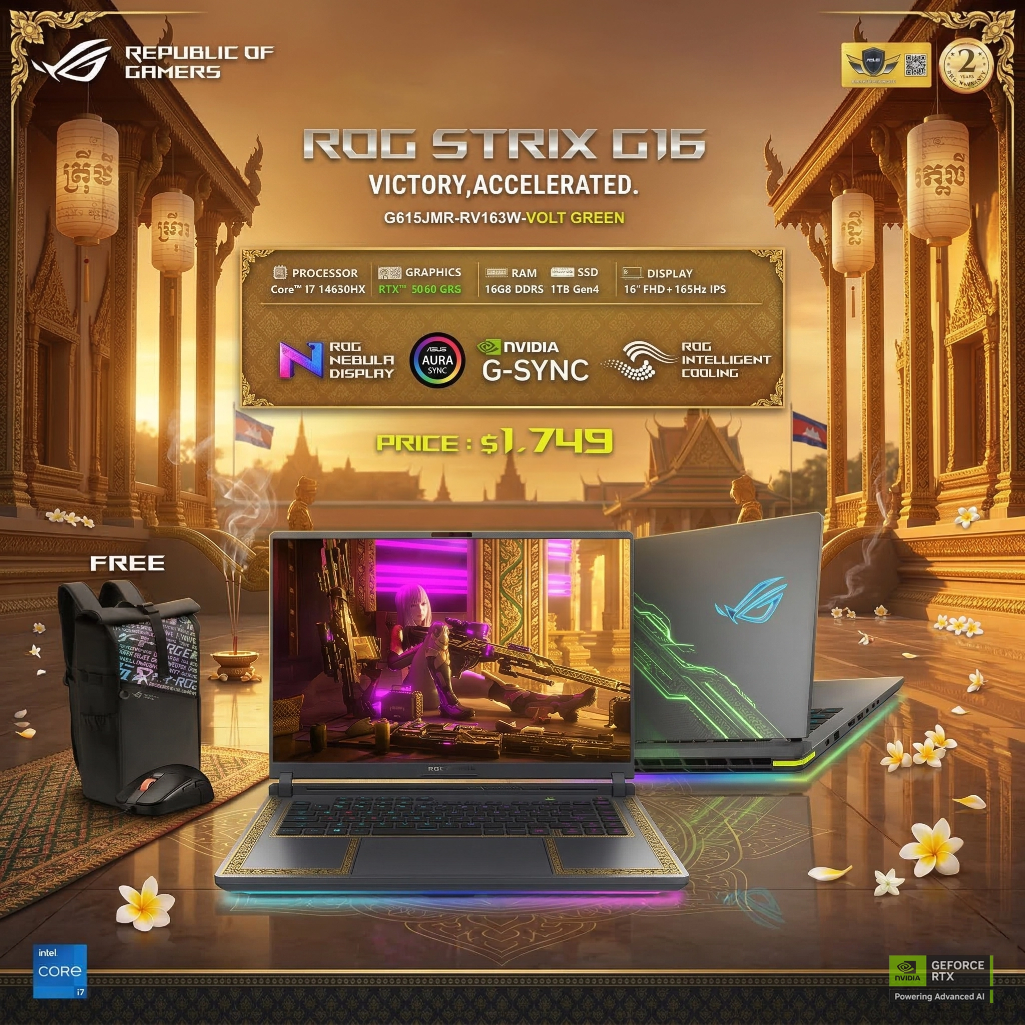 ASUS ROG Strix G16 G615JMR-RV163W – Intel Core i7-14650HX / 16GB RAM / 1TB Gen4 SSD / RTX 5060 / 16" IPS – Volt Green (2 Years Warranty)