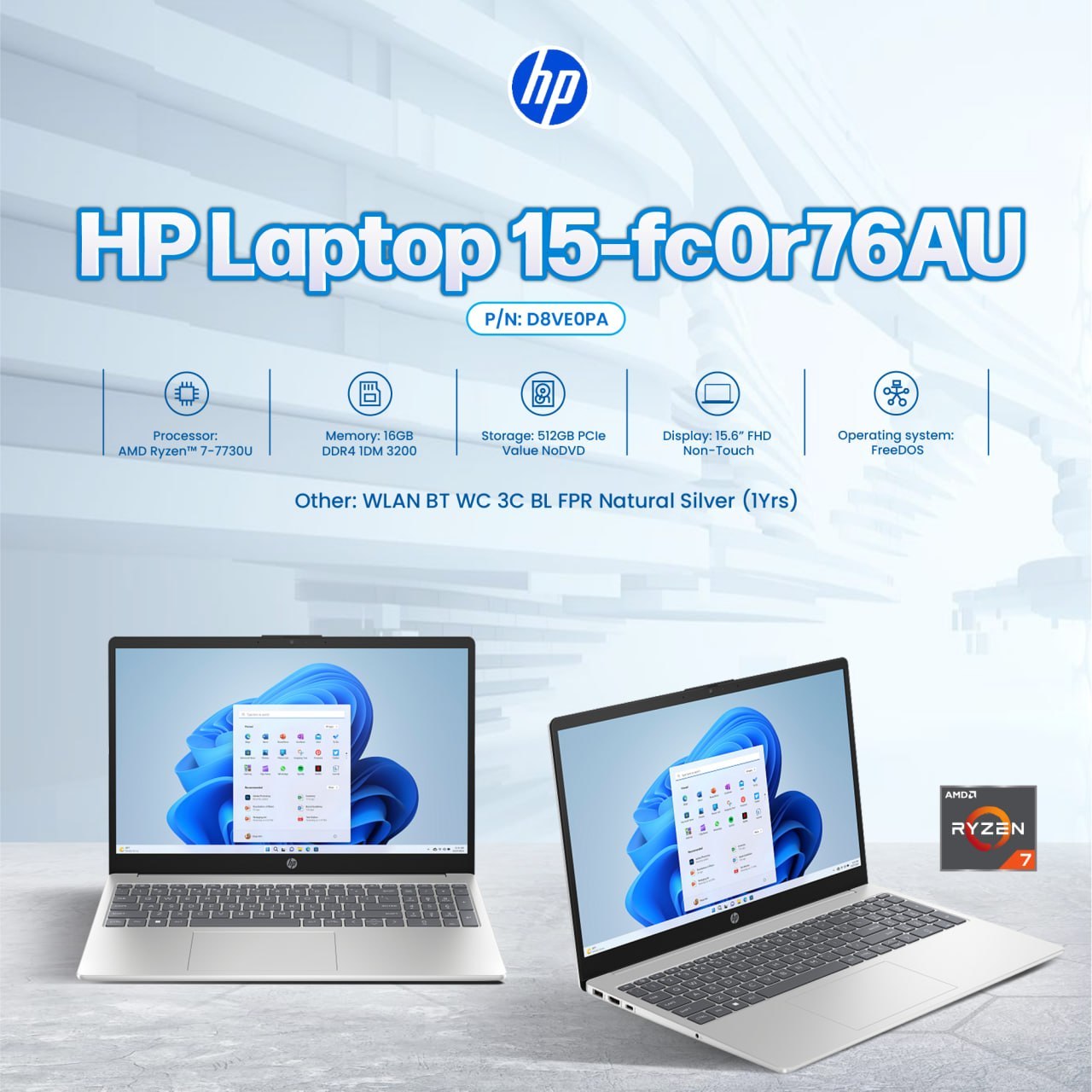HP Laptop 15-fc0R76AU | Ryzen 7-7730U | 16GB RAM | 512GB SSD | Natural Silver