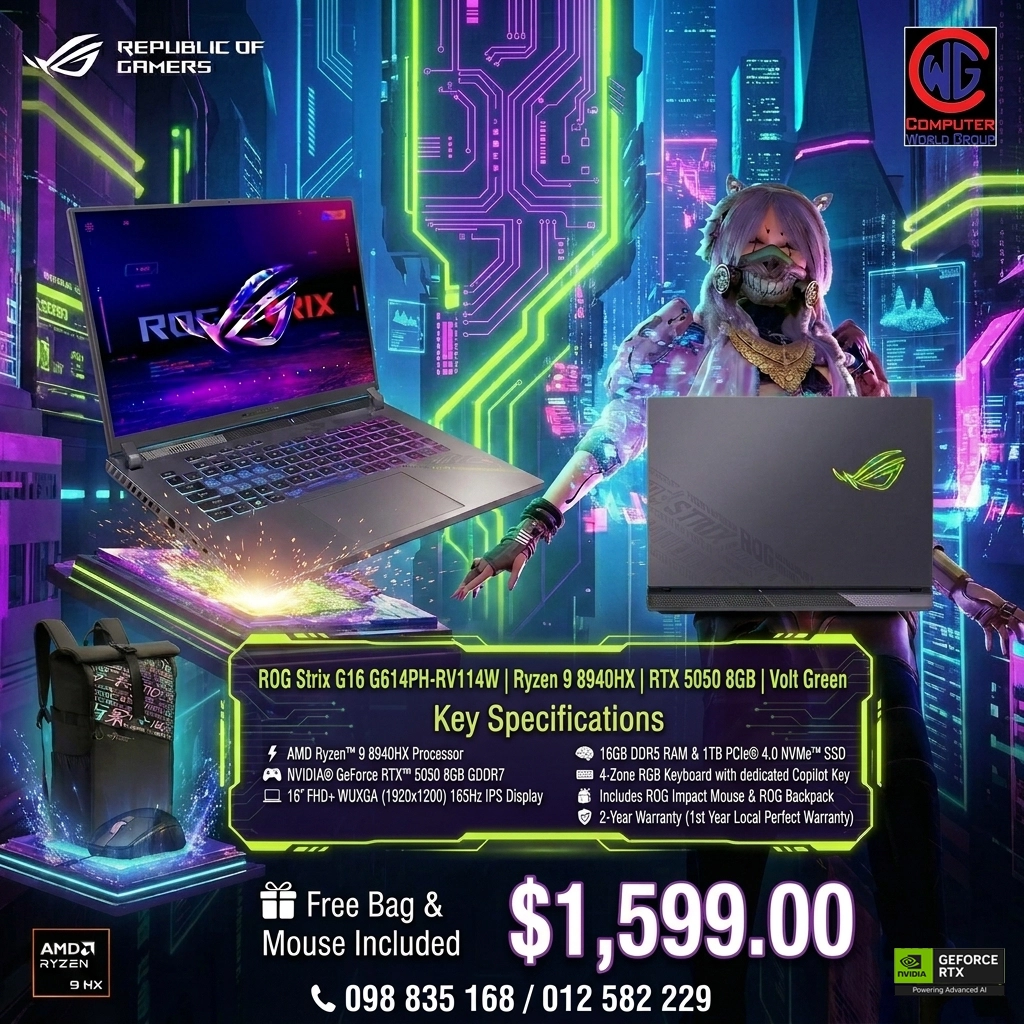 ROG Strix G16 G614PH-RV114W | Ryzen 9 8940HX | RTX 5050 8GB | Volt Green
