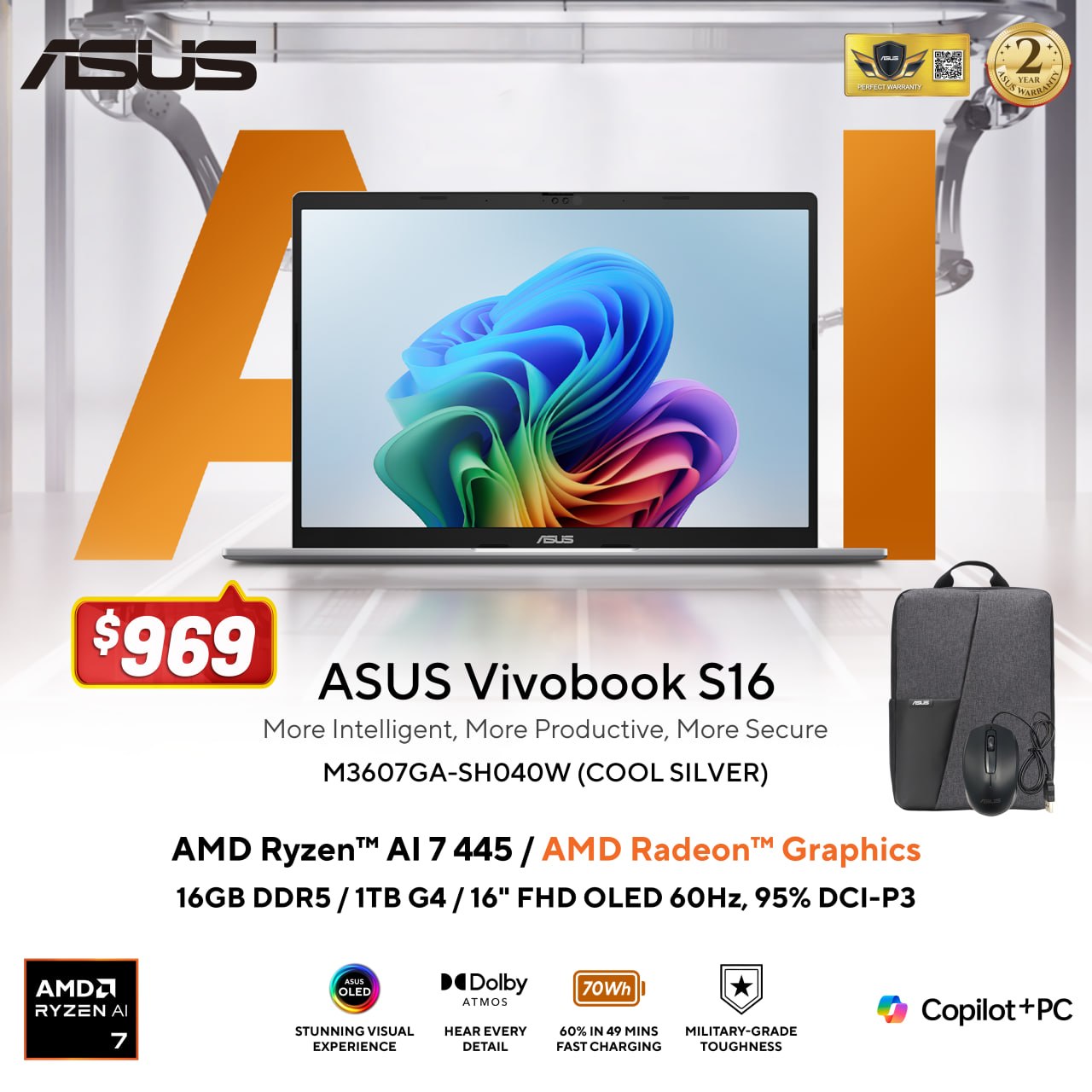 ASUS Vivobook S16 | Ryzen™ AI 7 445 | 16GB RAM | 1TB SSD | 16" FHD OLED