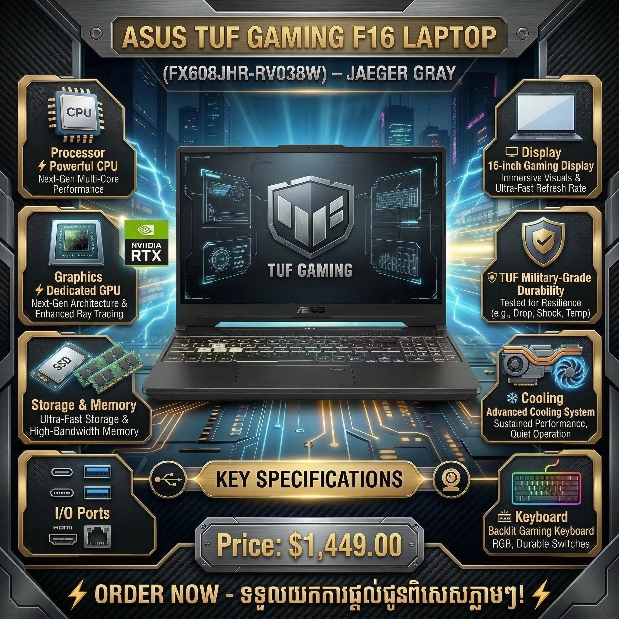 ASUS TUF Gaming F16 FX608JHR-RV038W Core™ i7-14650HX / 16GB / 1TB SSD / RTX 5050 / 16-inch IPS / Windows 11 Home – Jaeger Gray